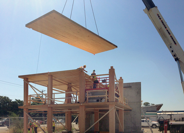 De bouw van de houten constructie.